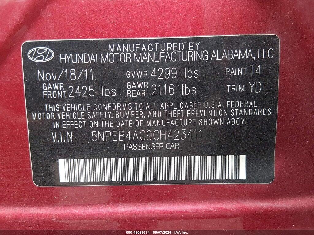 5NPEB4AC9CH423411 2012 HYUNDAI SONATA photo no. 9
