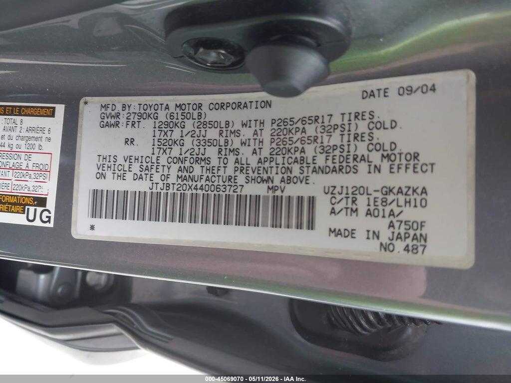 JTJBT20X440063727 2004 LEXUS GX 470 photo no. 9