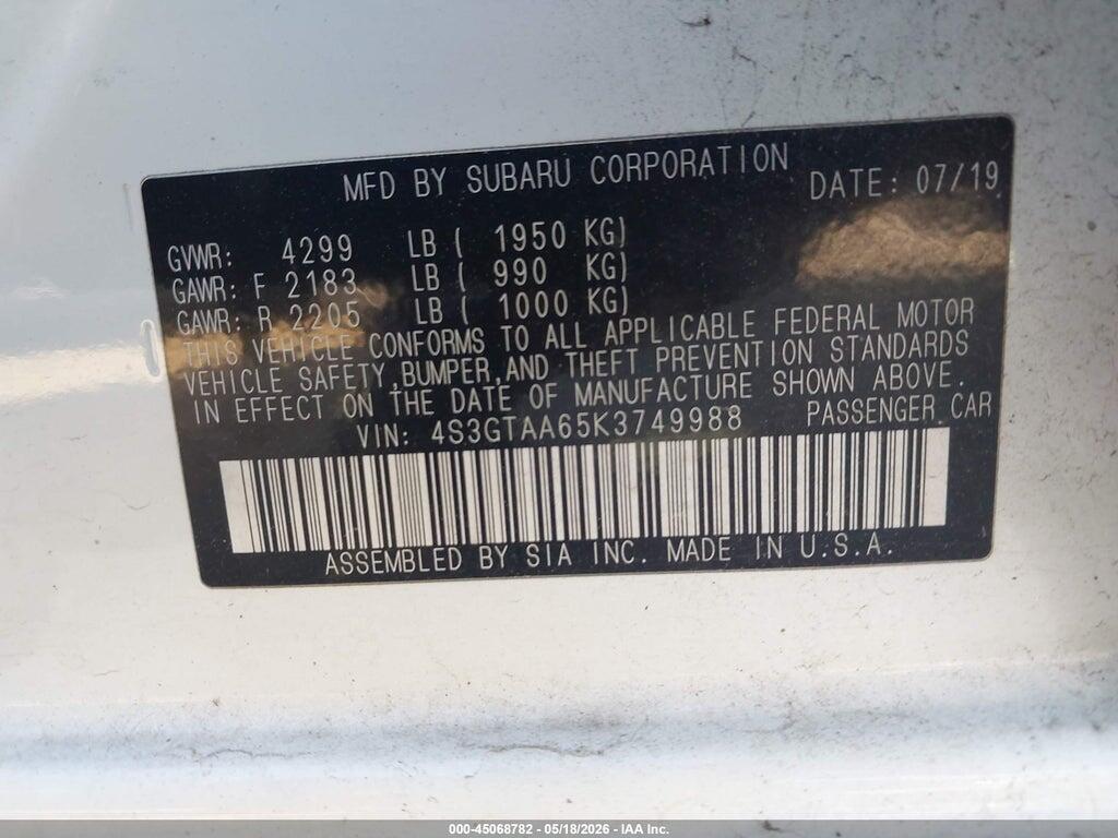4S3GTAA65K3749988 2019 SUBARU IMPREZA photo no. 9
