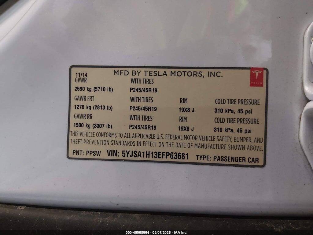 5YJSA1H13EFP63681 2014 TESLA MODEL S photo no. 9