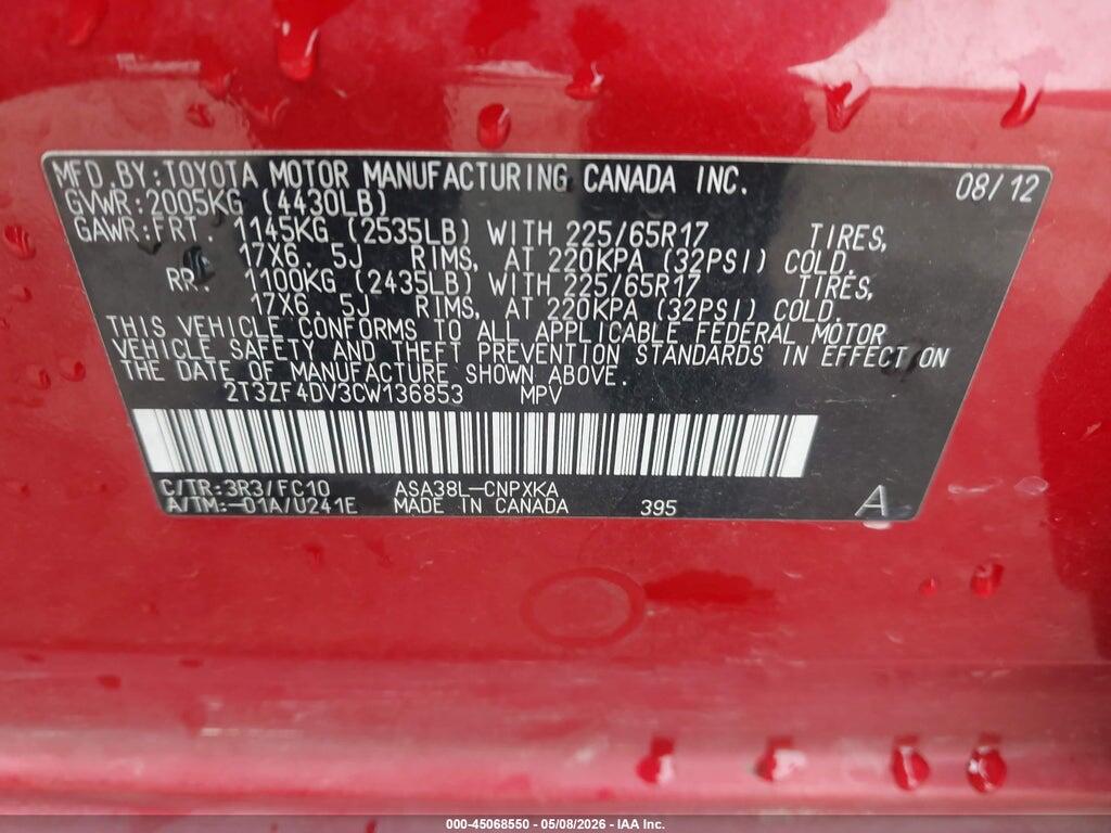 2T3ZF4DV3CW136853 2012 TOYOTA RAV4 photo no. 9