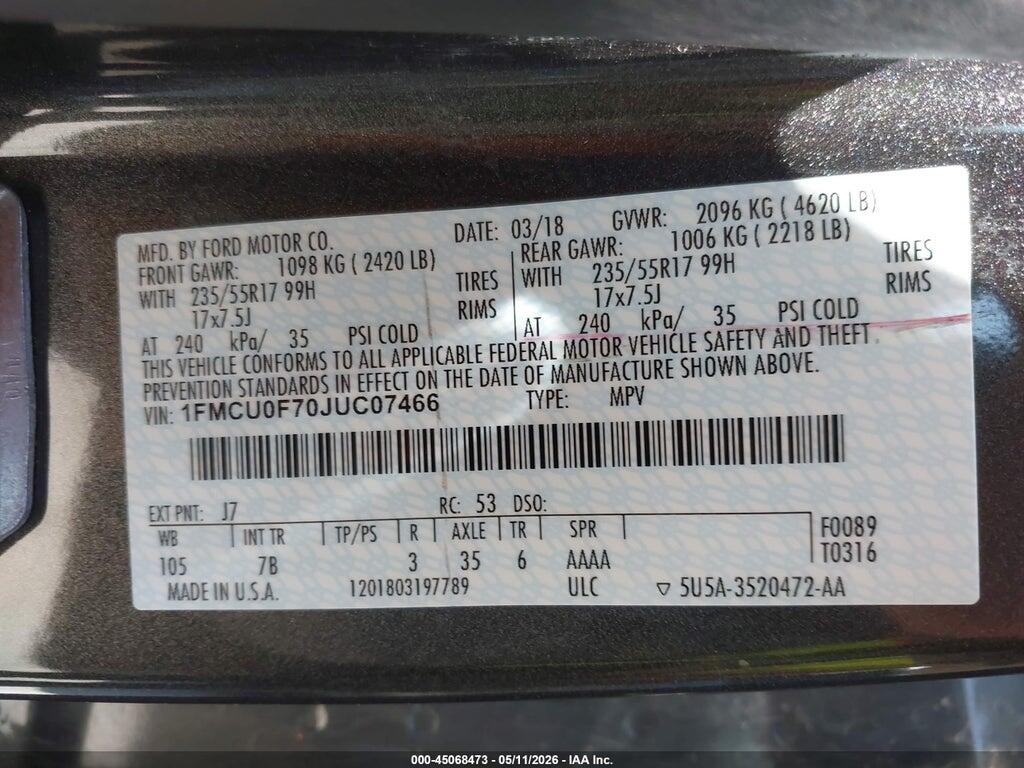 1FMCU0F70JUC07466 2018 FORD ESCAPE photo no. 9