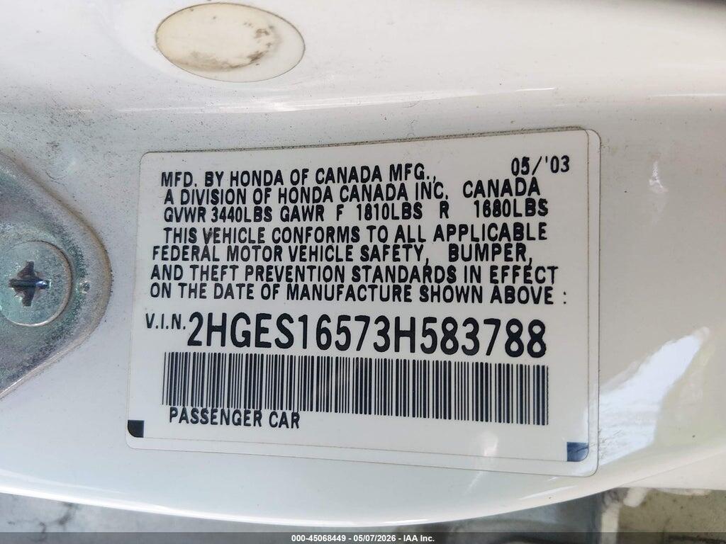 2HGES16573H583788 2003 HONDA CIVIC photo no. 9