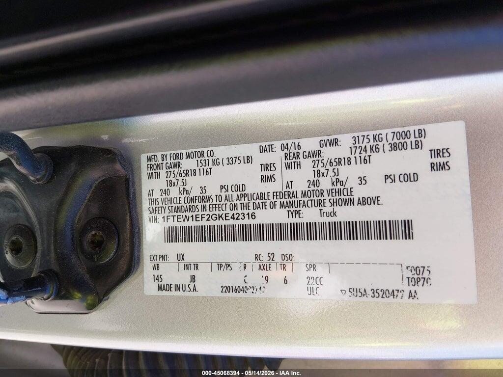 1FTEW1EF2GKE42316 2016 FORD F-150 photo no. 9