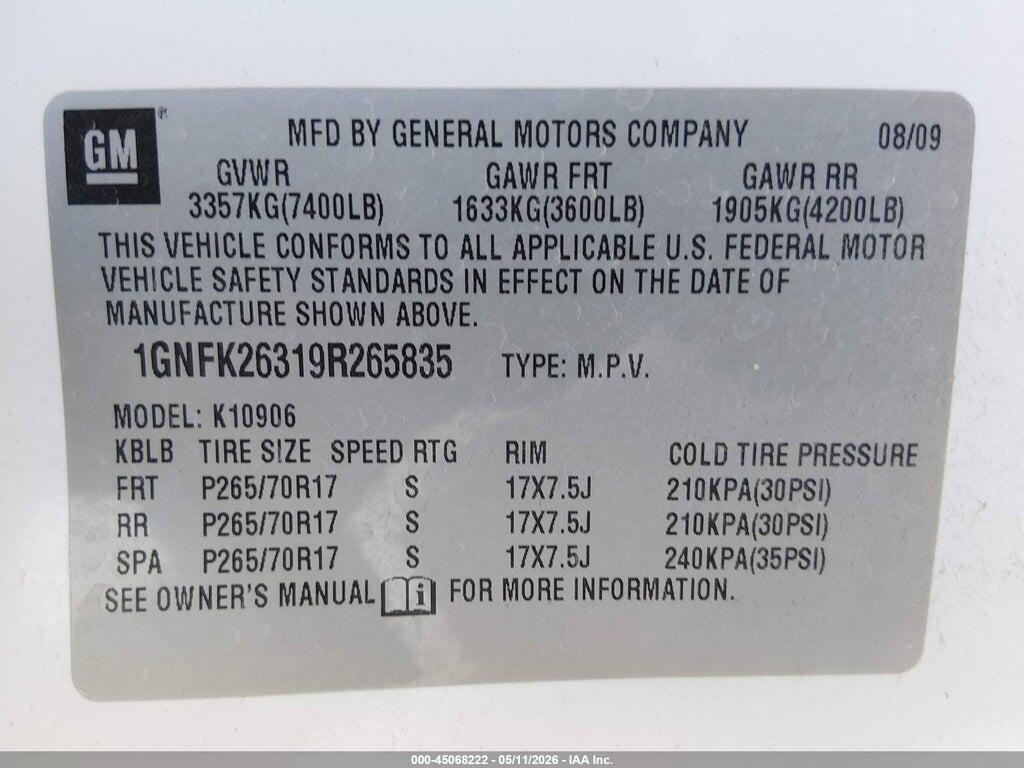 1GNFK26319R265835 2009 CHEVROLET SUBURBAN 1500 photo no. 9