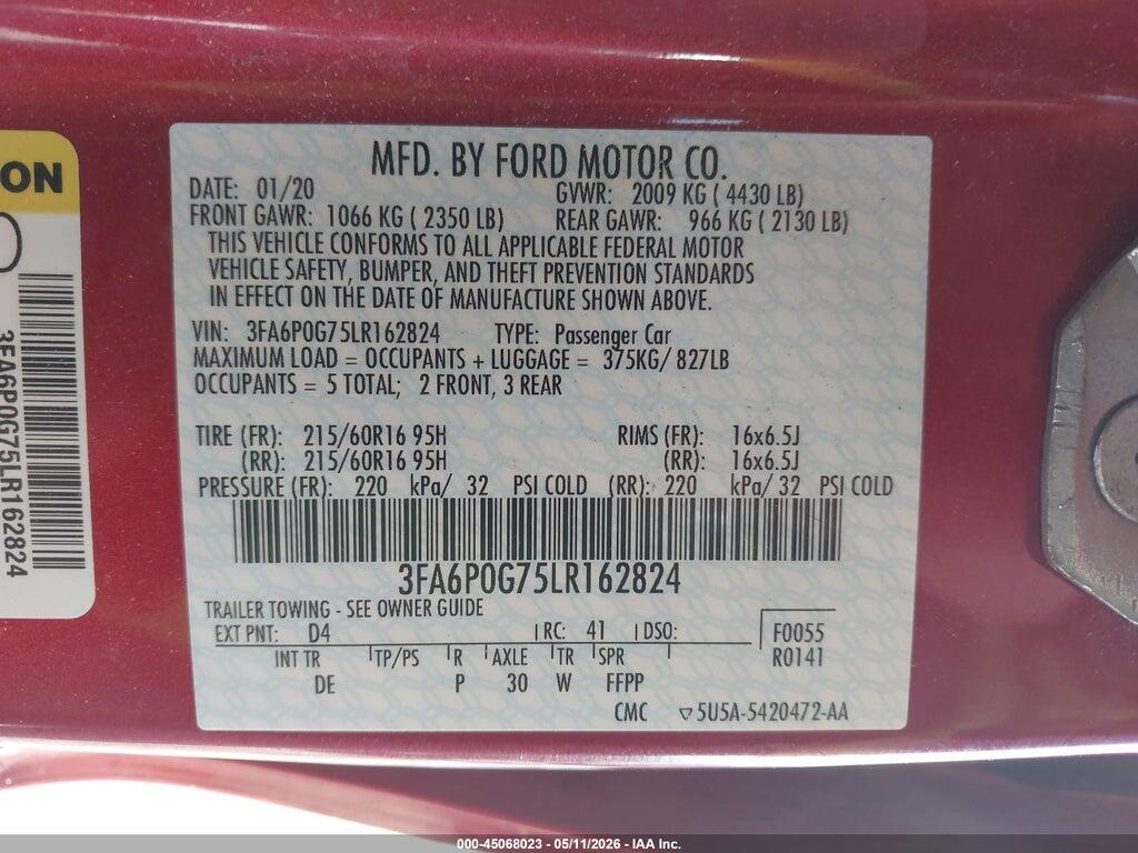 3FA6P0G75LR162824 2020 FORD FUSION photo no. 9