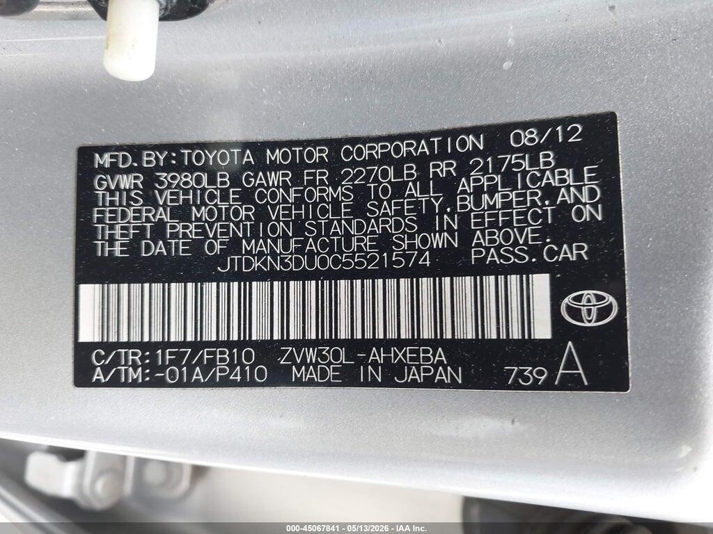 JTDKN3DU0C5521574 2012 TOYOTA PRIUS photo no. 9
