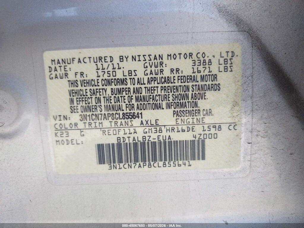 3N1CN7AP8CL855641 2012 NISSAN VERSA photo no. 9