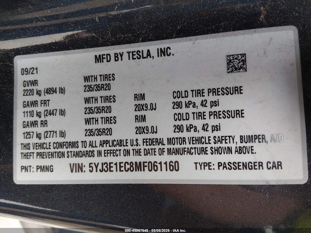 5YJ3E1EC8MF061160 2021 TESLA MODEL 3 photo no. 9