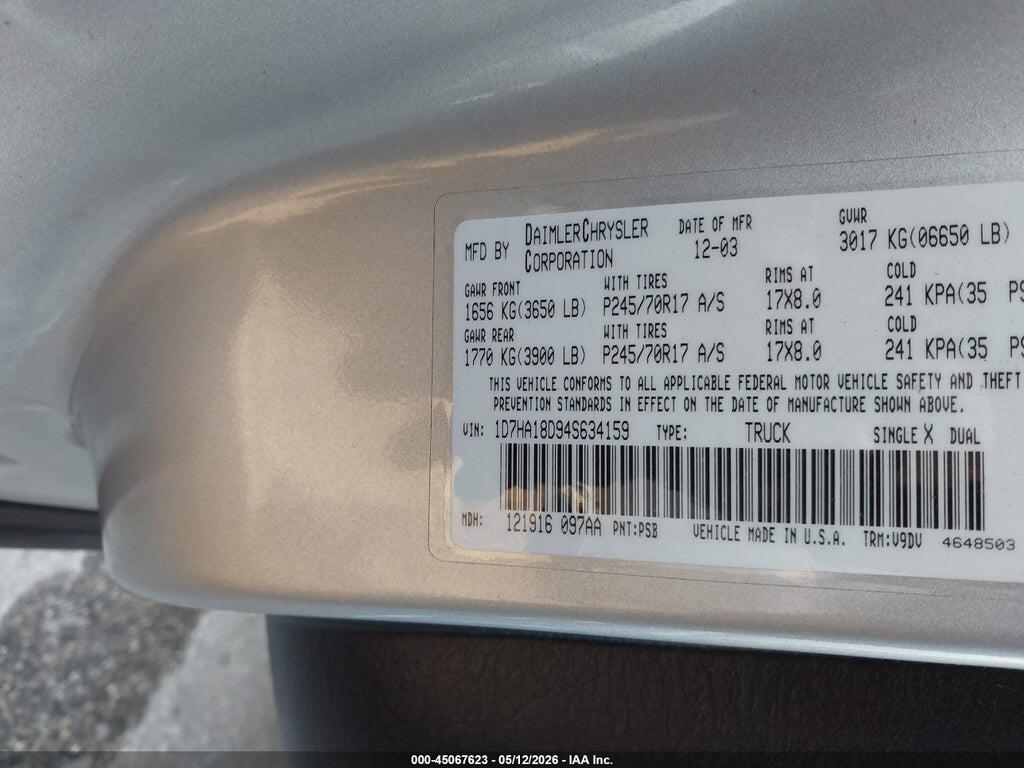 1D7HA18D94S634159 2004 DODGE RAM 1500 photo no. 9