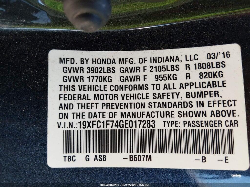 19XFC1F74GE017283 2016 HONDA CIVIC photo no. 9