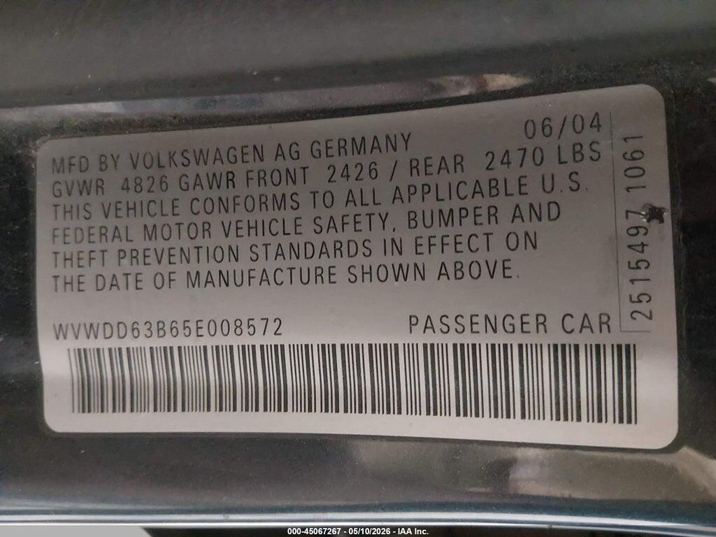 WVWDD63B65E008572 2005 VOLKSWAGEN PASSAT photo no. 9