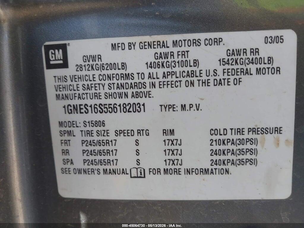 1GNES16S556182031 2005 CHEVROLET TRAILBLAZER EXT photo no. 9