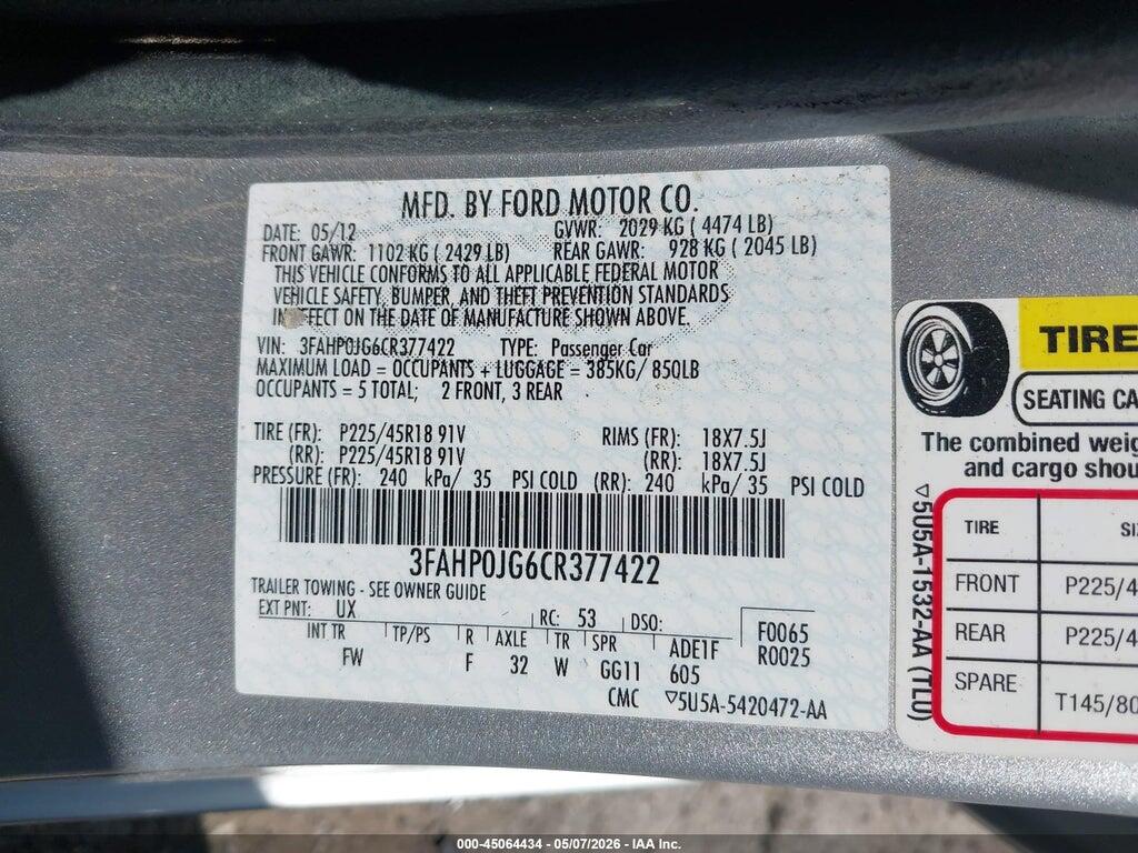 3FAHP0JG6CR377422 2012 FORD FUSION photo no. 9