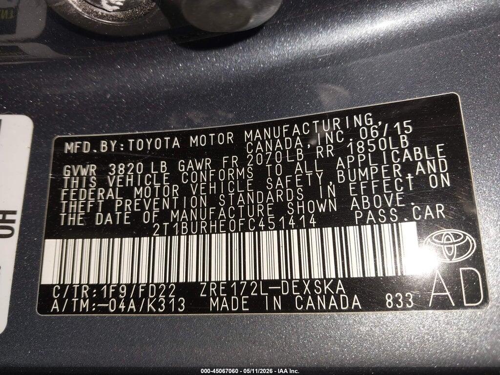 2T1BURHE0FC451414 2015 TOYOTA COROLLA photo no. 9