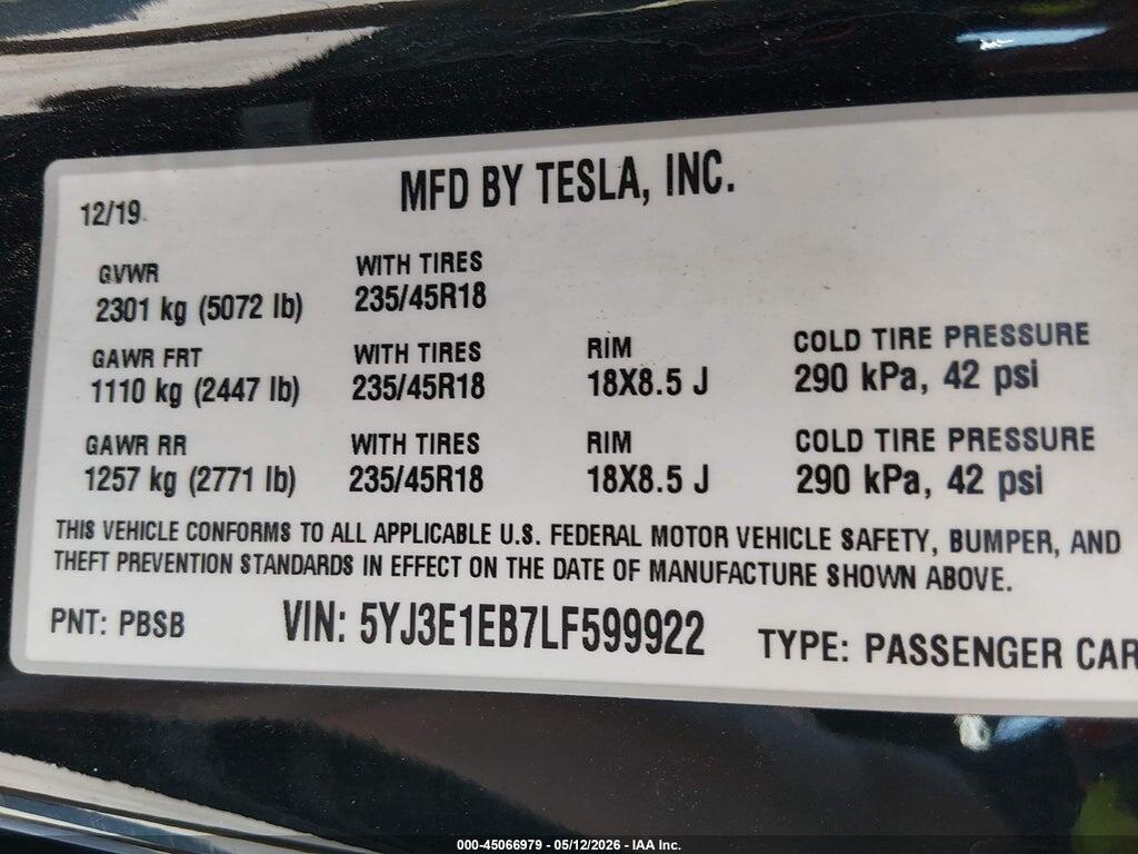 5YJ3E1EB7LF599922 2020 TESLA MODEL 3 photo no. 9