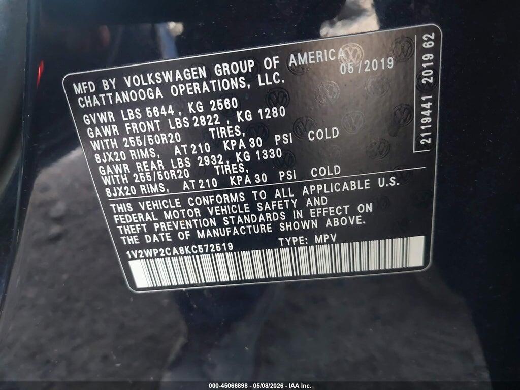 1V2WP2CA8KC572519 2019 VOLKSWAGEN ATLAS photo no. 9