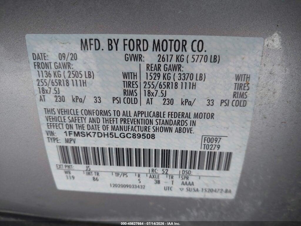 1FMSK7DH5LGC89508 2020 FORD EXPLORER photo no. 9