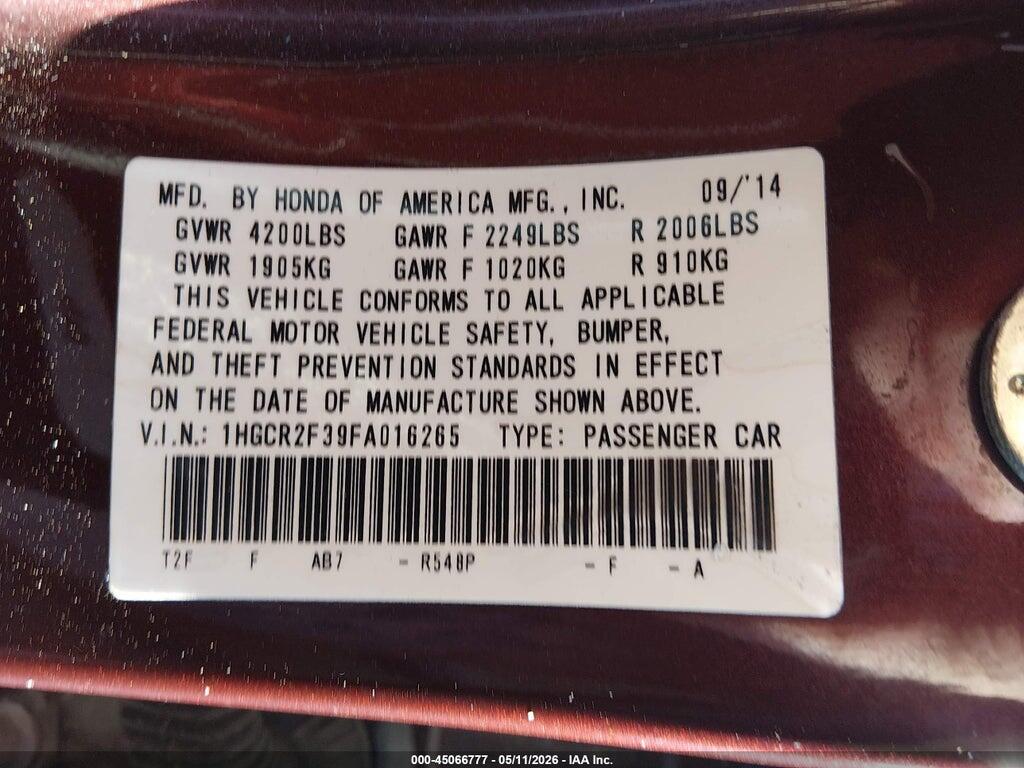 1HGCR2F39FA016265 2015 HONDA ACCORD photo no. 9