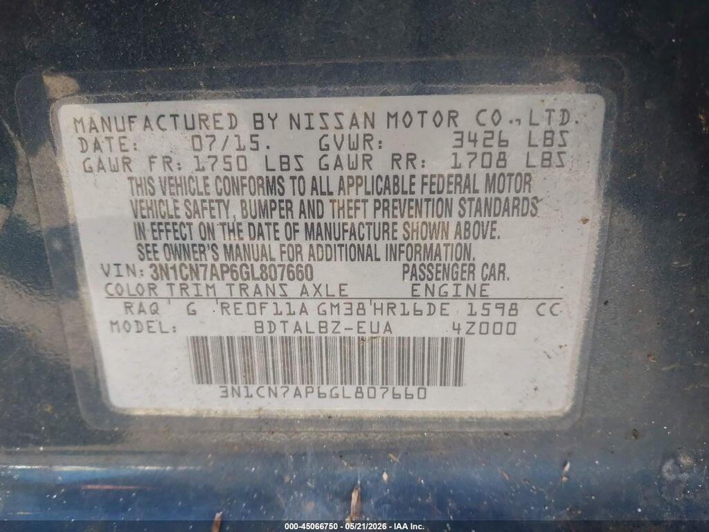 3N1CN7AP6GL807660 2016 NISSAN VERSA photo no. 9