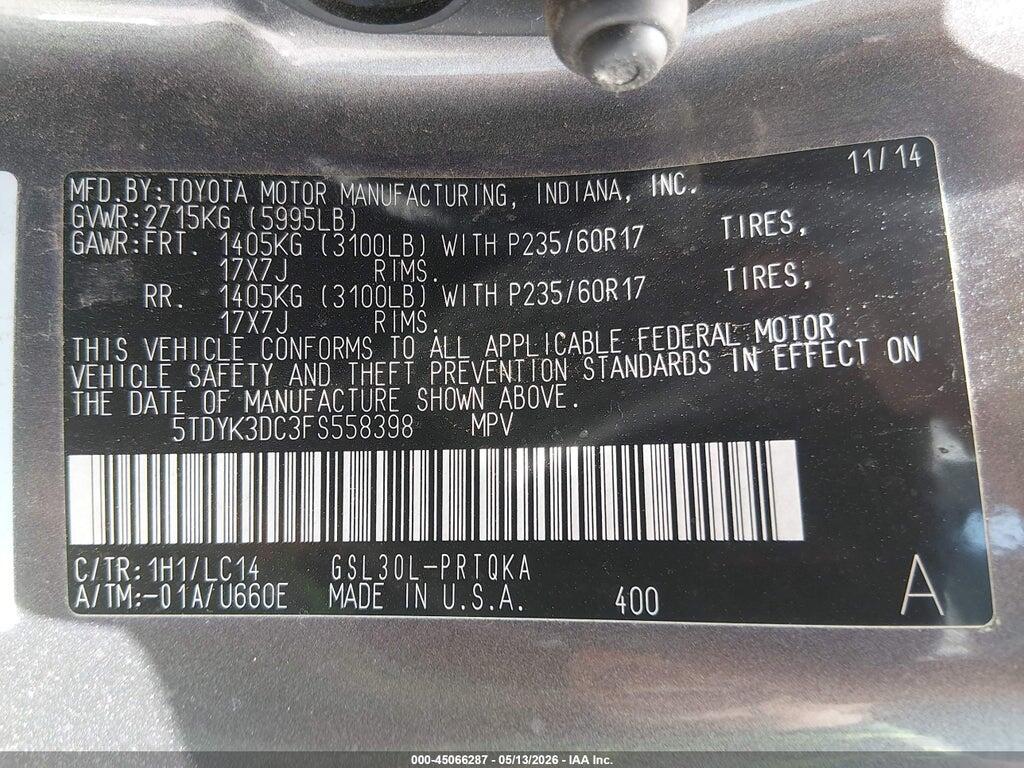 5TDYK3DC3FS558398 2015 TOYOTA SIENNA photo no. 9