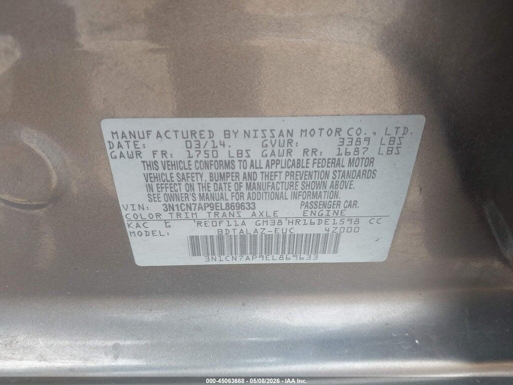 3N1CN7AP9EL869633 2014 NISSAN VERSA photo no. 9