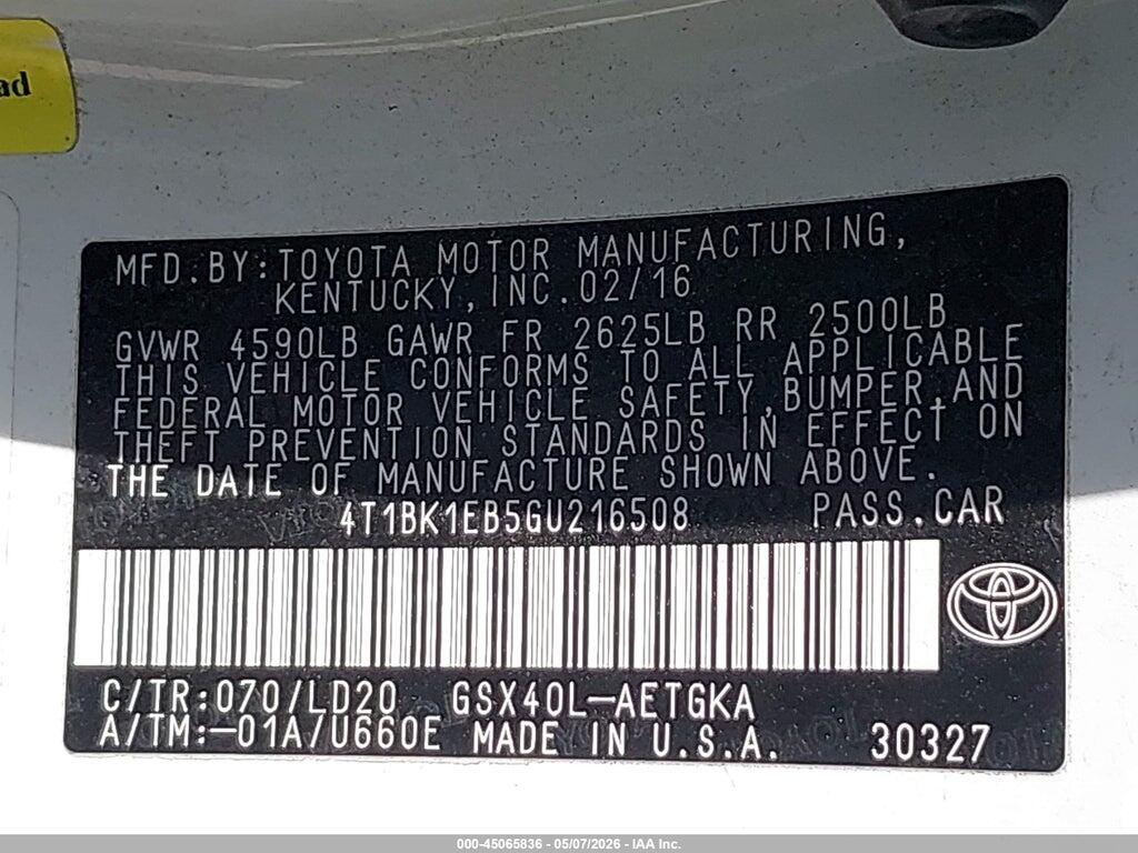 4T1BK1EB5GU216508 2016 TOYOTA AVALON photo no. 9