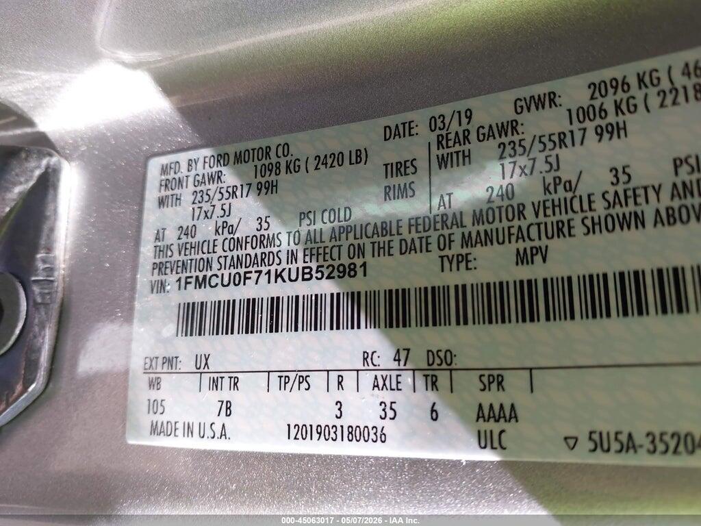 1FMCU0F71KUB52981 2019 FORD ESCAPE photo no. 9