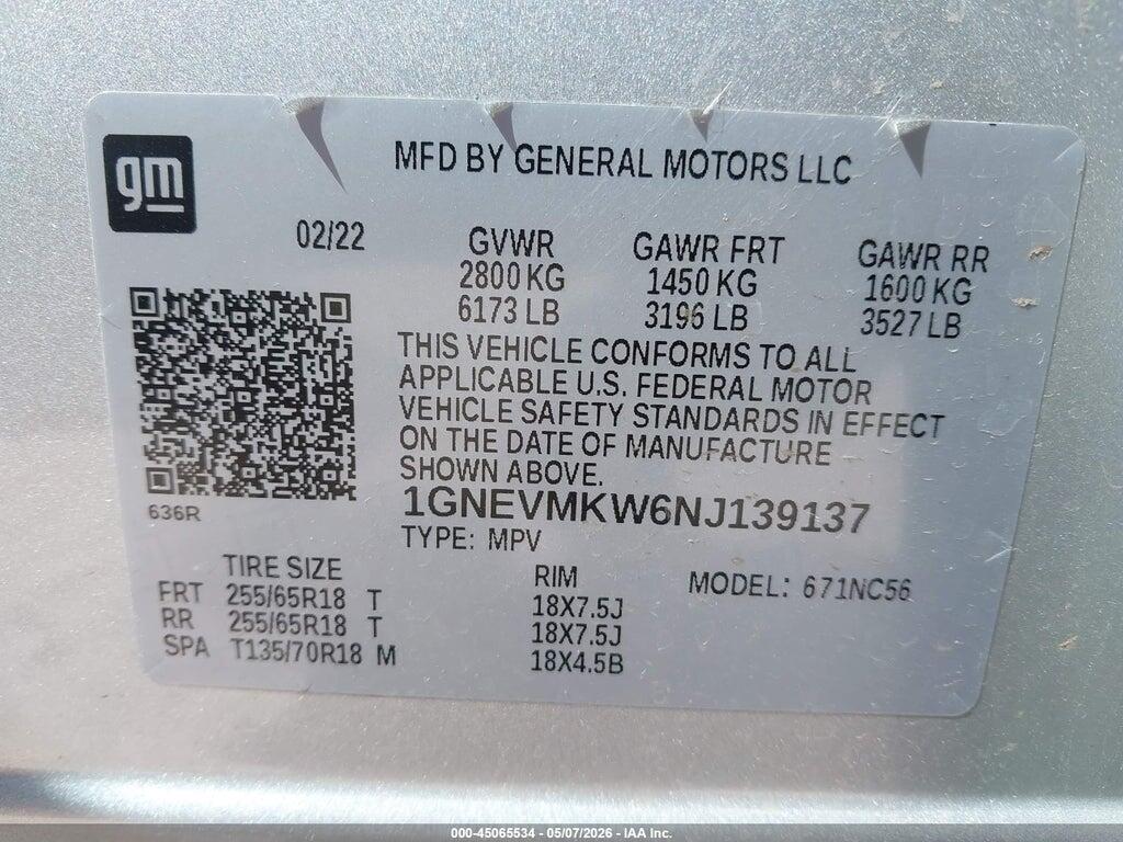 1GNEVMKW6NJ139137 2022 CHEVROLET TRAVERSE photo no. 9