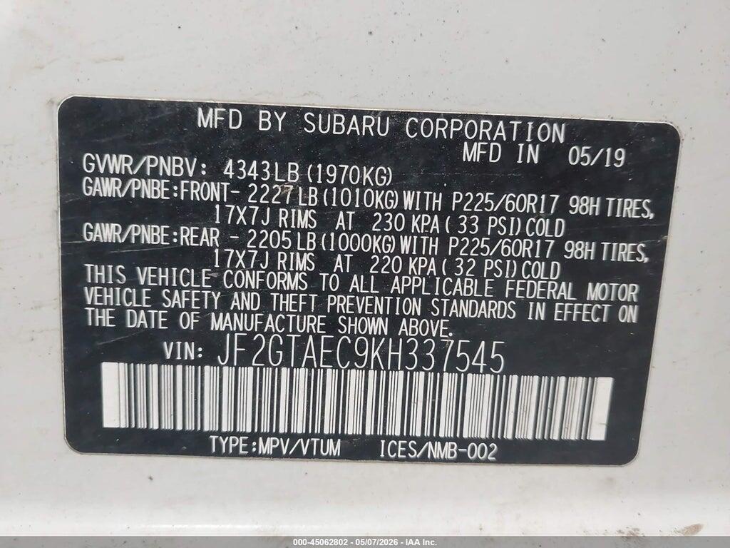 JF2GTAEC9KH337545 2019 SUBARU CROSSTREK photo no. 9