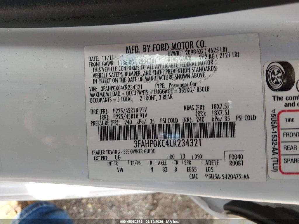 3FAHP0KC4CR234321 2012 FORD FUSION photo no. 9