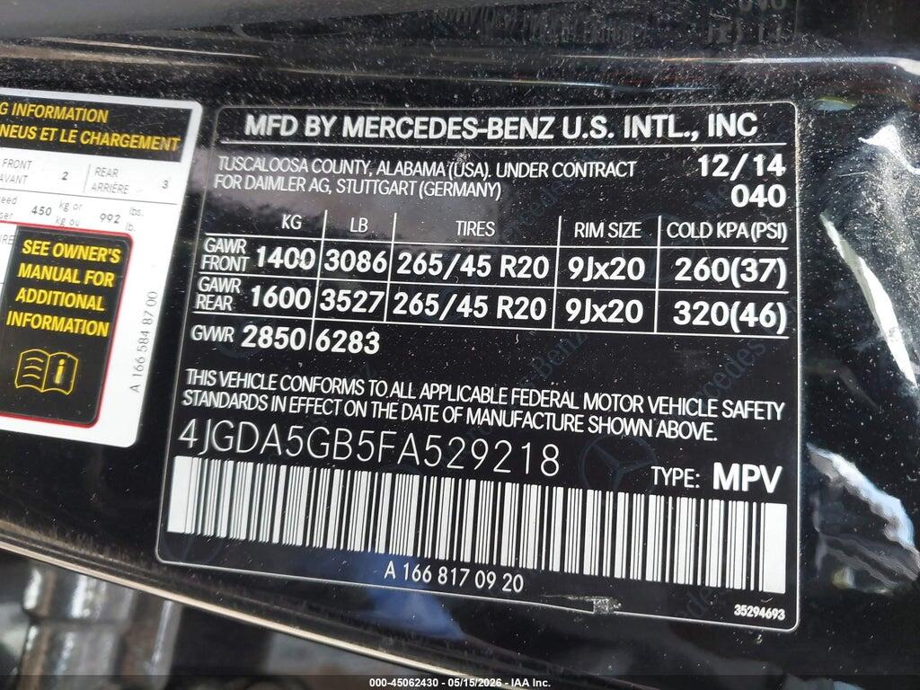 4JGDA5GB5FA529218 2015 MERCEDES-BENZ ML 400 photo no. 9