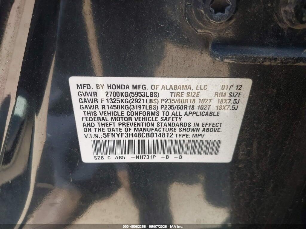 5FNYF3H48CB014812 2012 HONDA PILOT photo no. 9