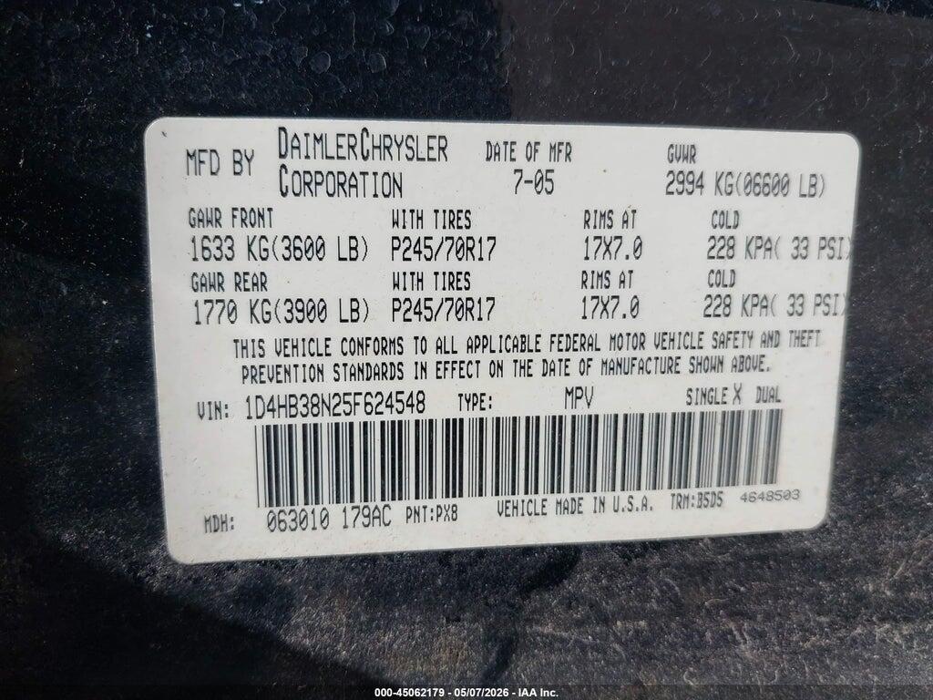 1D4HB38N25F624548 2005 DODGE DURANGO photo no. 9