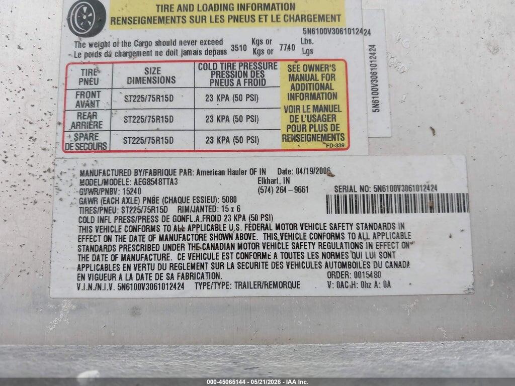 5N6100V3061012424 2006 AMERICAN HAULER ENCLOSED RACE CAR HA photo no. 9
