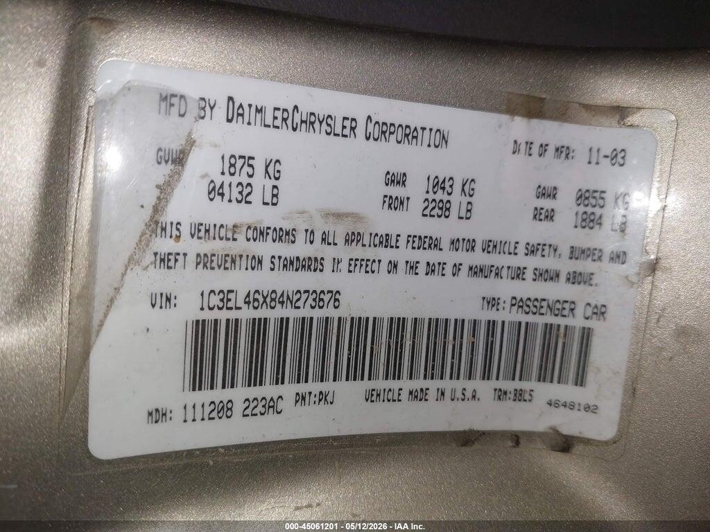 1C3EL46X84N273676 2004 CHRYSLER SEBRING photo no. 9