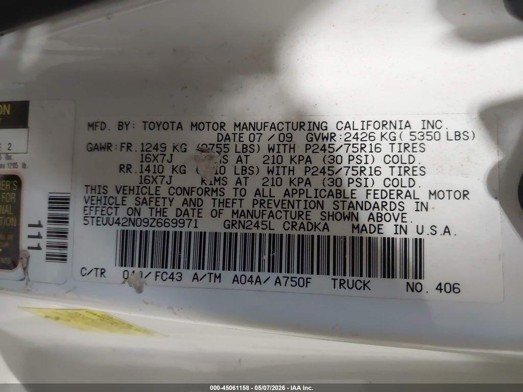 5TEUU42N09Z669971 2009 TOYOTA TACOMA photo no. 9