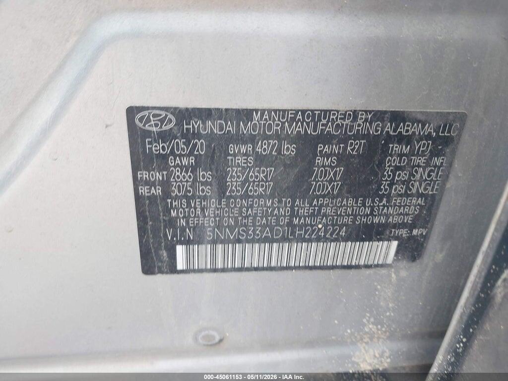 5NMS33AD1LH224224 2020 HYUNDAI SANTA FE photo no. 9