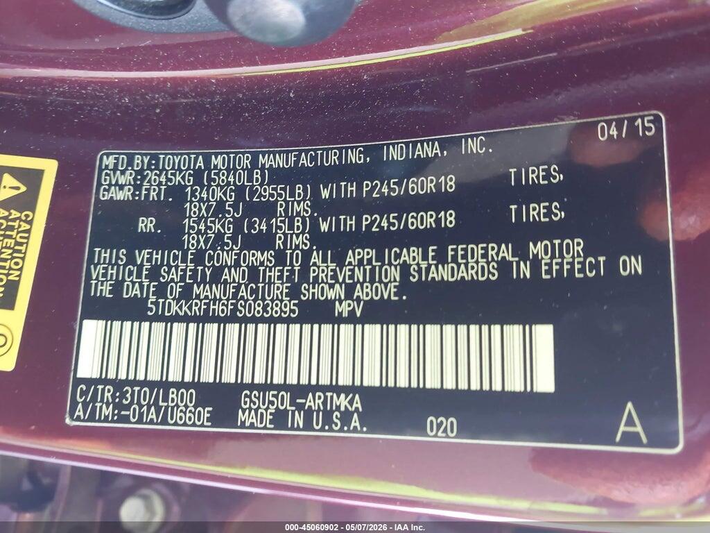 5TDKKRFH6FS083895 2015 TOYOTA HIGHLANDER photo no. 9