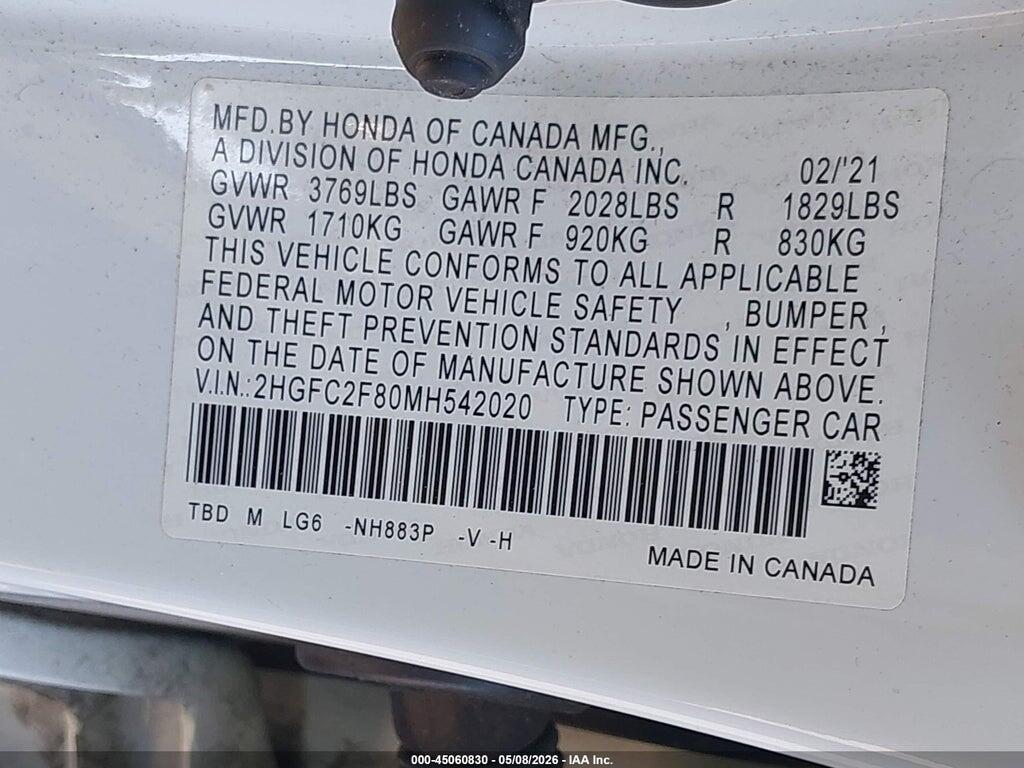 2HGFC2F80MH542020 2021 HONDA CIVIC photo no. 9