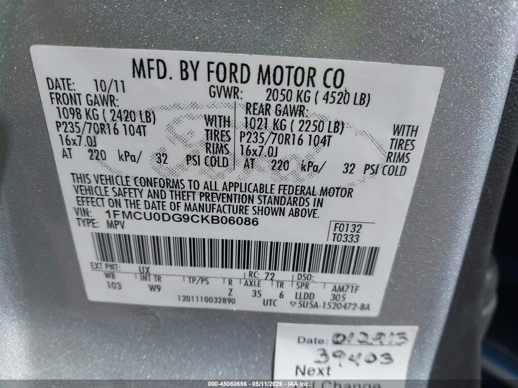 1FMCU0DG9CKB06086 2012 FORD ESCAPE photo no. 9