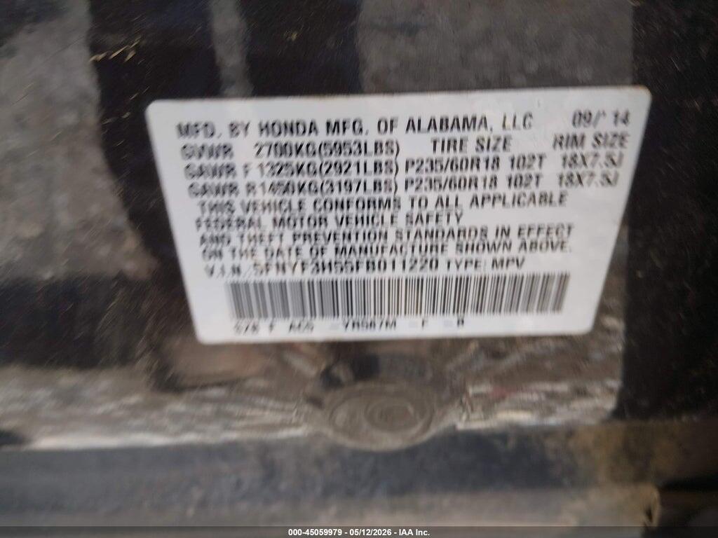 5FNYF3H55FB011220 2015 HONDA PILOT photo no. 9