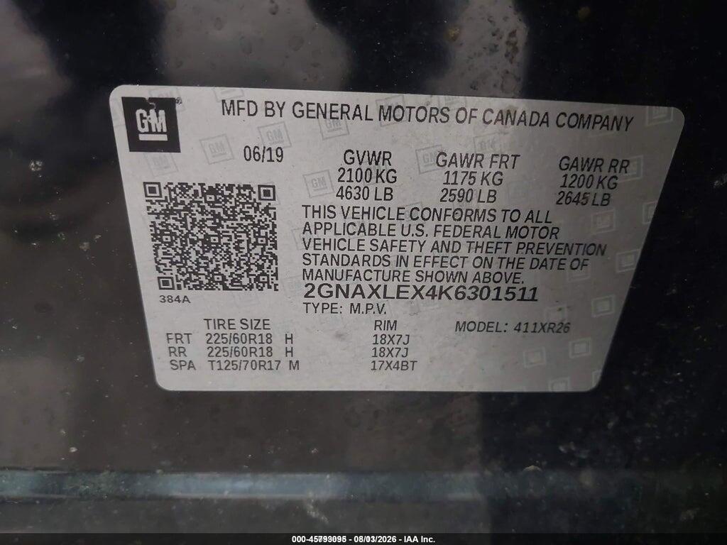 2GNAXLEX4K6301511 2019 CHEVROLET EQUINOX photo no. 9