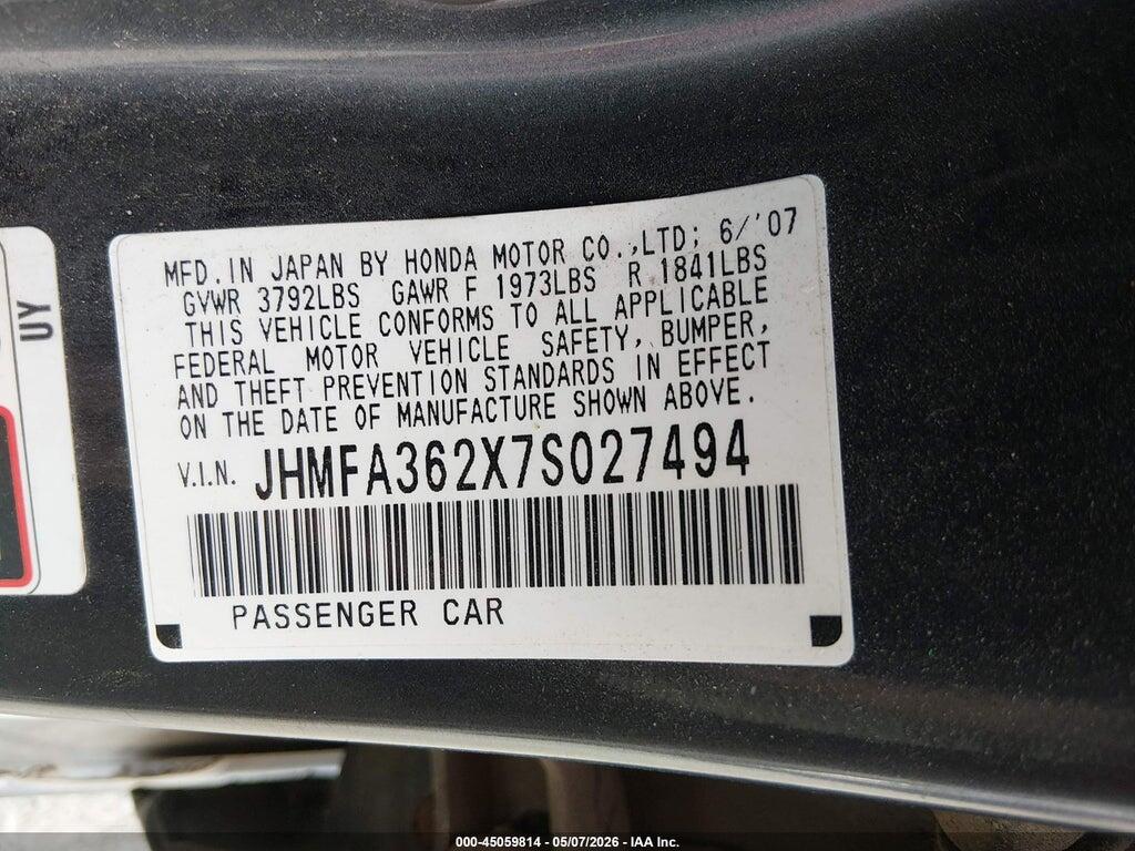 JHMFA362X7S027494 2007 HONDA CIVIC HYBRID photo no. 9