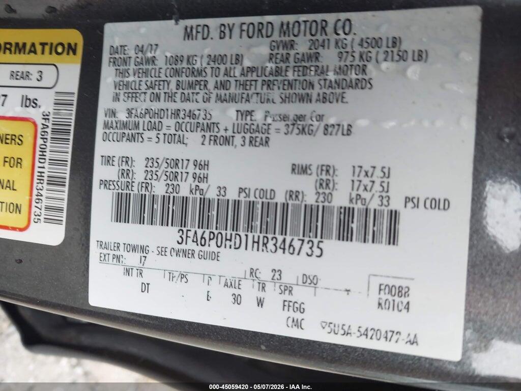 3FA6P0HD1HR346735 2017 FORD FUSION photo no. 9
