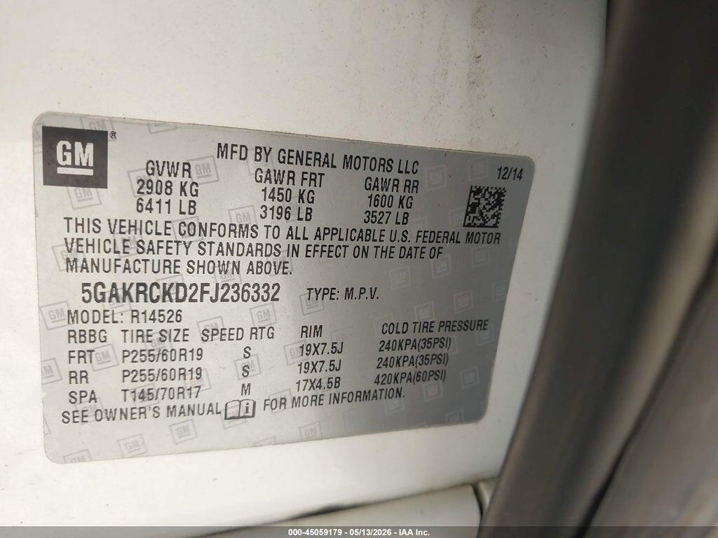 5GAKRCKD2FJ236332 2015 BUICK ENCLAVE photo no. 9