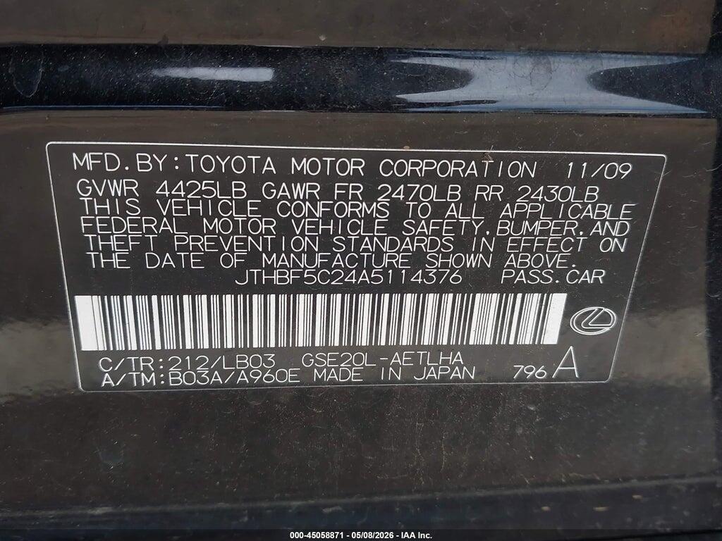 JTHBF5C24A5114376 2010 LEXUS IS 250 photo no. 9