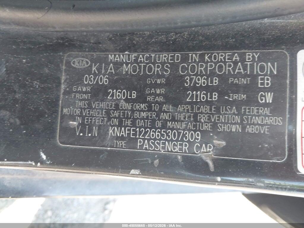 KNAFE122665307309 2006 KIA SPECTRA photo no. 9