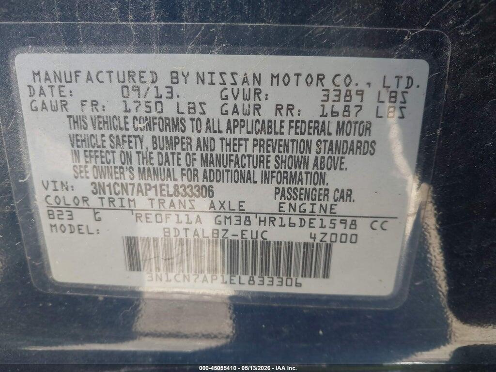 3N1CN7AP1EL833306 2014 NISSAN VERSA photo no. 9