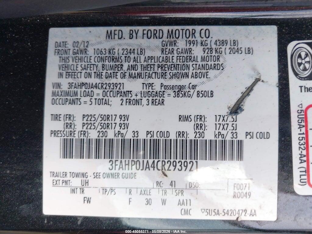 3FAHP0JA4CR293921 2012 FORD FUSION photo no. 9